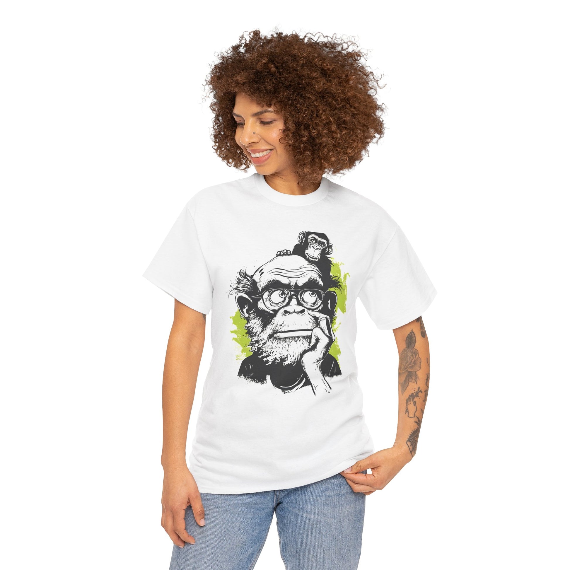 Woman wearing a white t-shirt with a graphic of a chimpanzee wearing glasses on a white background