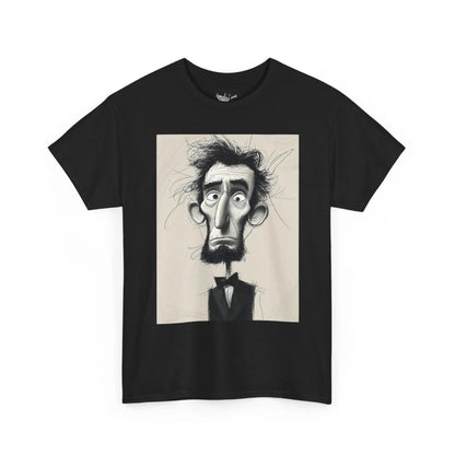 Black t-shirt with a graphic of a stylized portrait on a white background