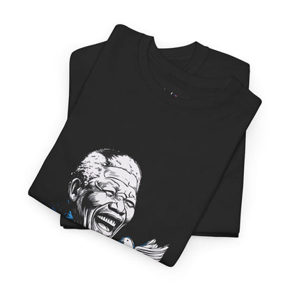 Black t-shirt with a graphic design on a white background