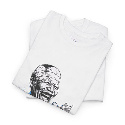 White t-shirt with graphic design on a white background