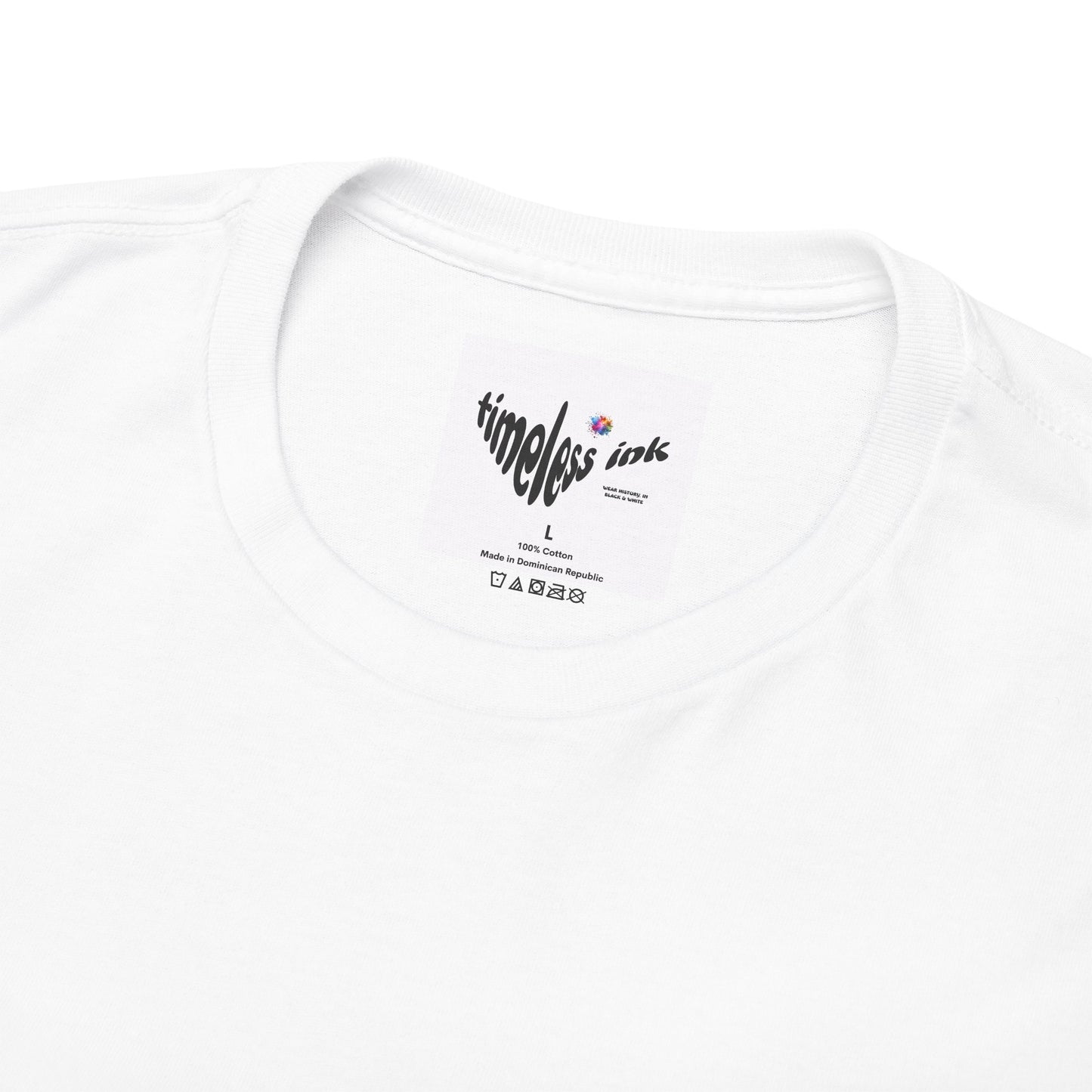 White t-shirt with 'timeless ink' logo on a white background