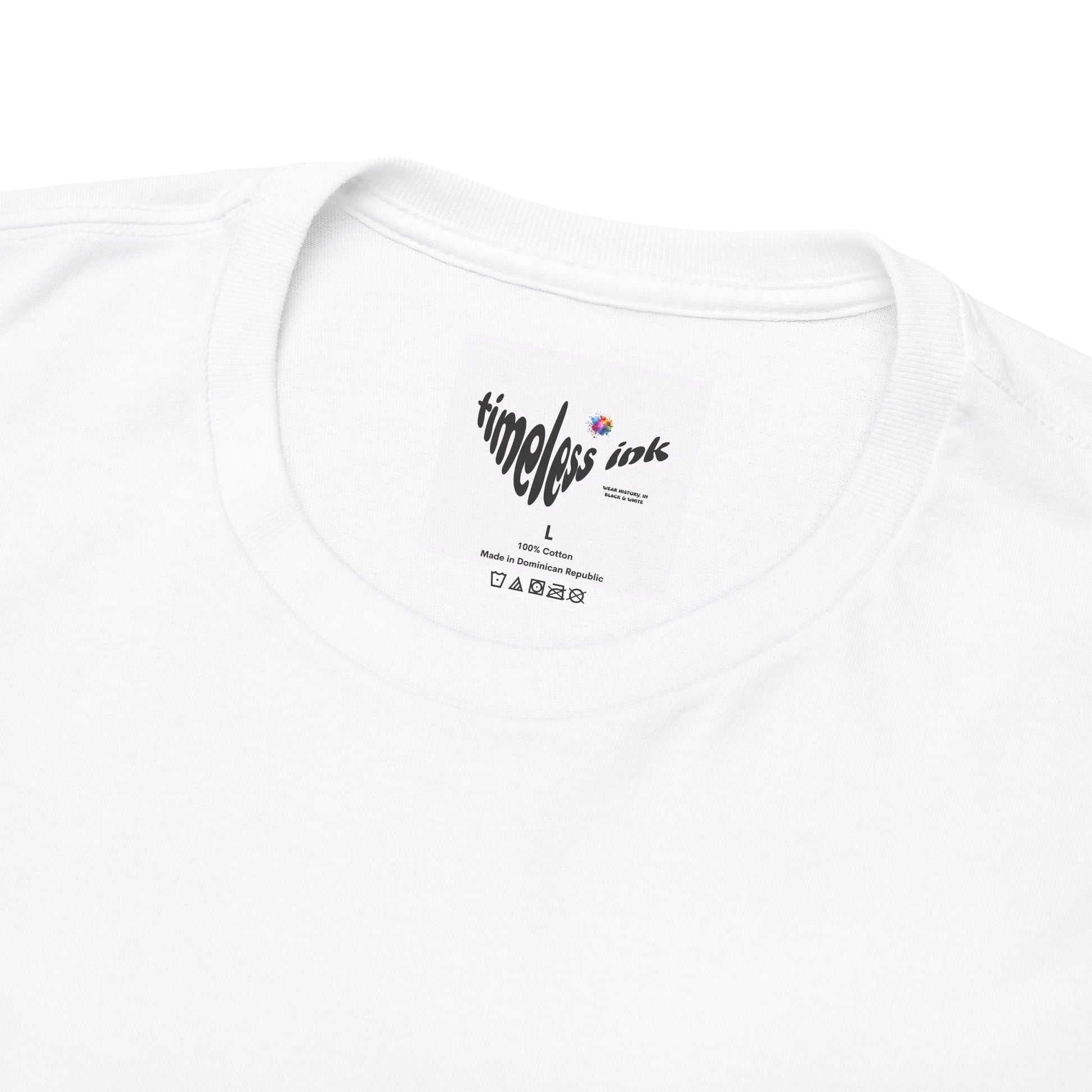 White t-shirt with 'timeless ink' logo on a white background