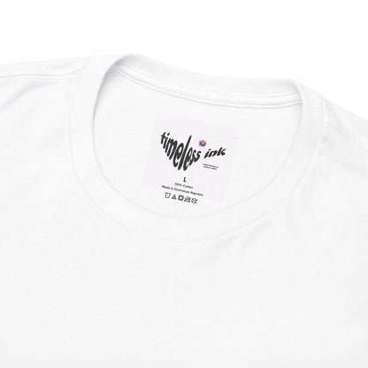 White t-shirt with 'timeless ink' logo on a white background
