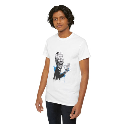 Person wearing a white t-shirt with a graphic design on a white background