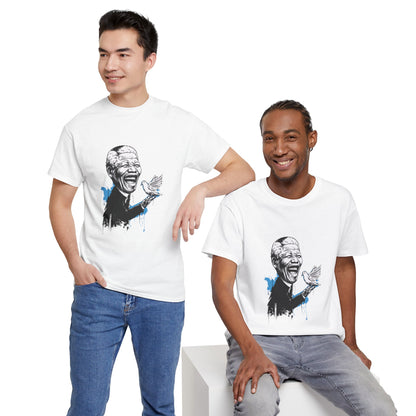 Two men wearing white t-shirts with a graphic design of a person holding a dove.