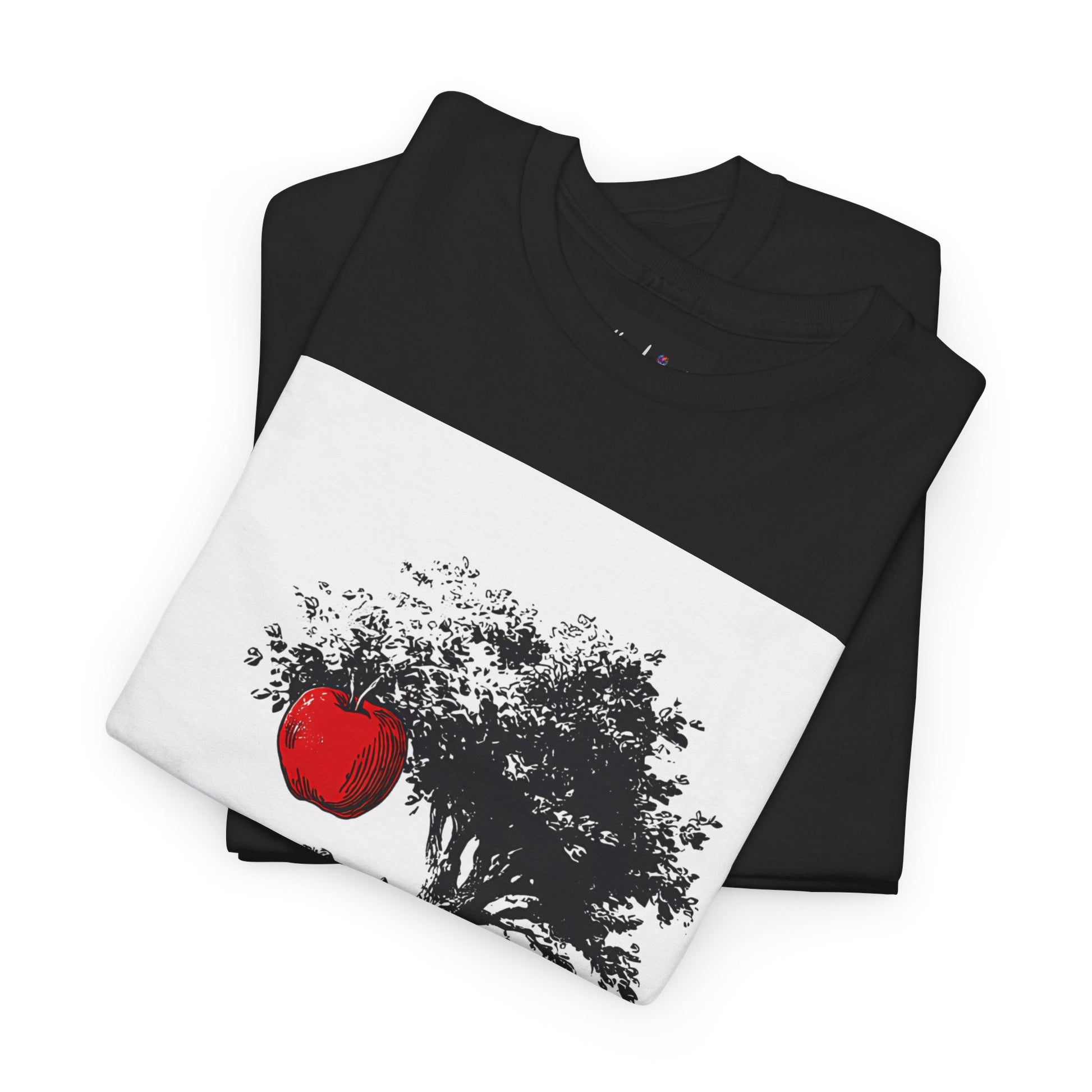 Black and white long-sleeve shirt with a red apple design on a white background