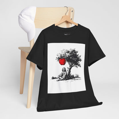 Black t-shirt with a graphic design of a girl under an apple tree on a hanger against a white background.