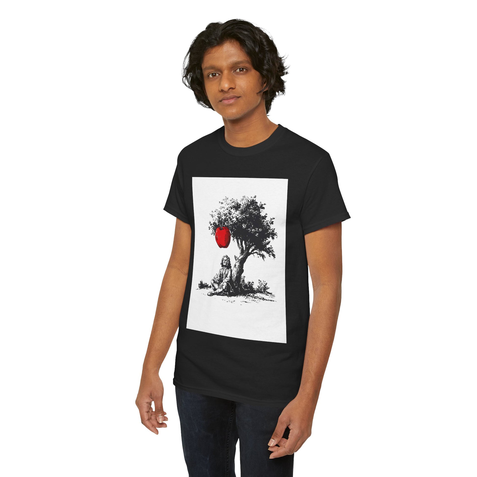 Person wearing a black t-shirt with a graphic design on a white background