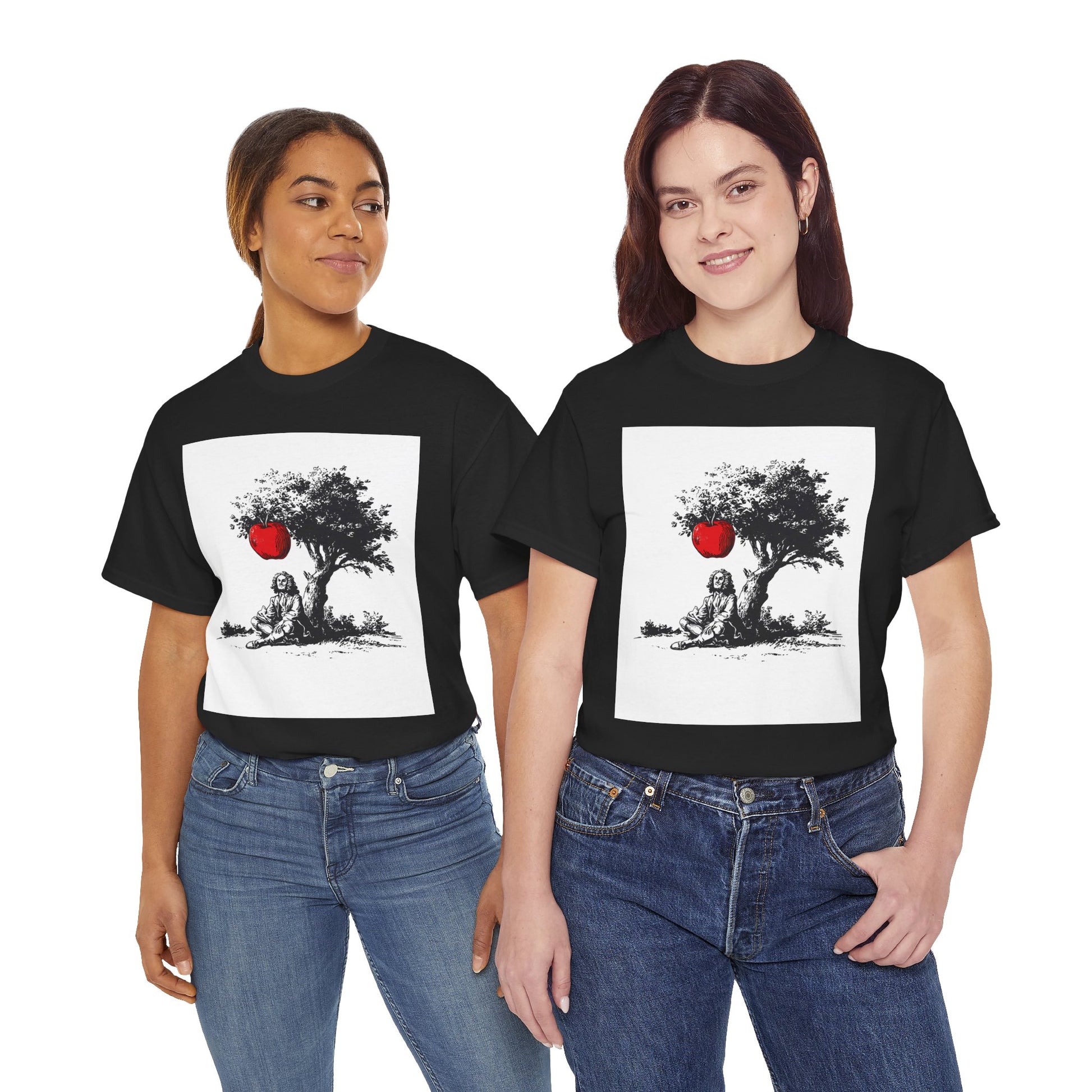 Two people wearing black t-shirts with a graphic design of a tree and a red apple.