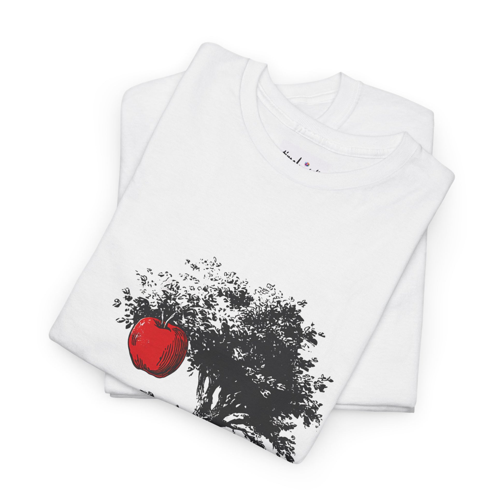 White t-shirt with a red apple and black abstract design on a white background