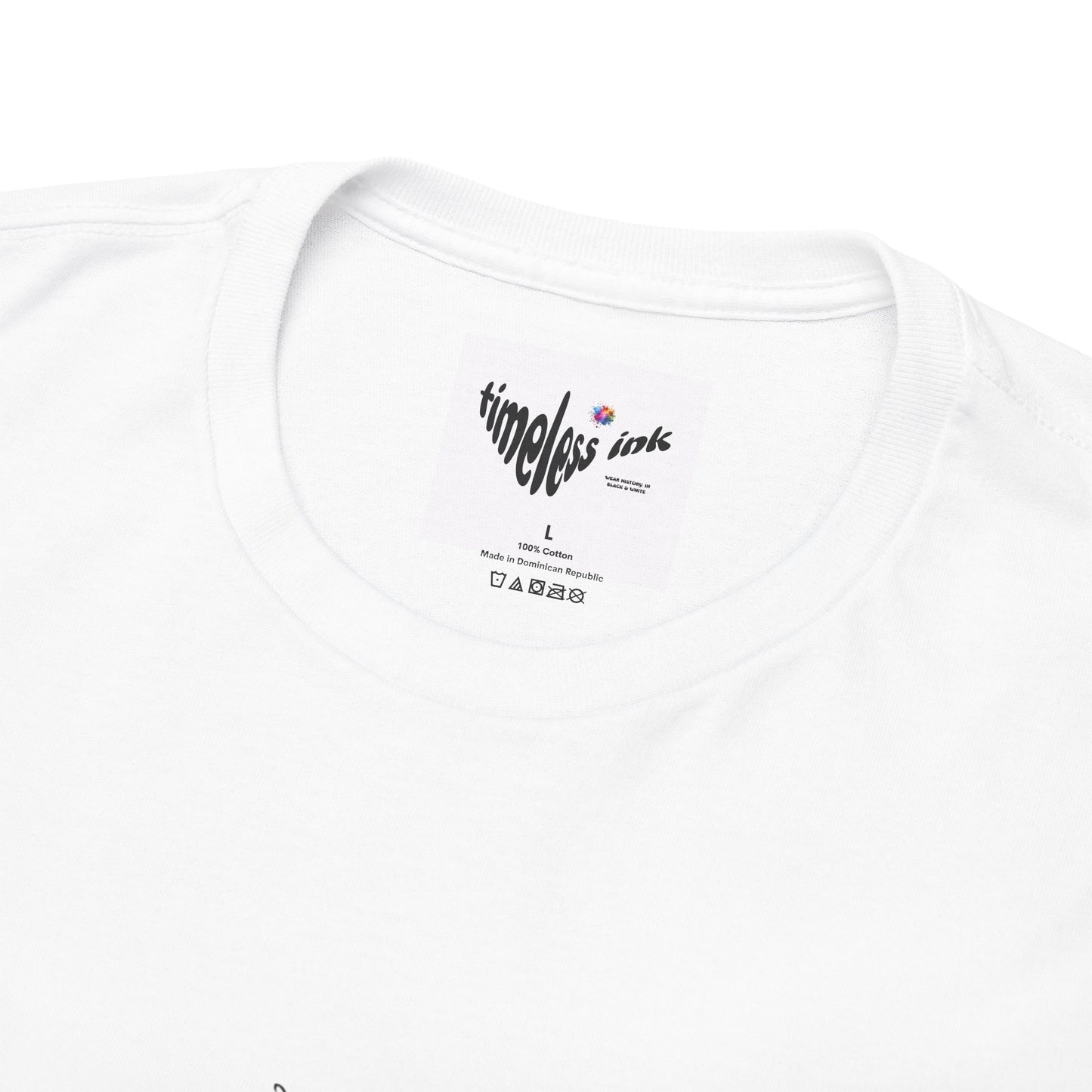White t-shirt with 'timeless ink' logo and text on a white background