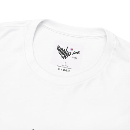White t-shirt with 'timeless ink' logo and text on a white background