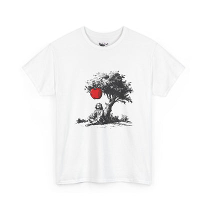 White t-shirt with a graphic of a lion under a tree with a red apple on a white background