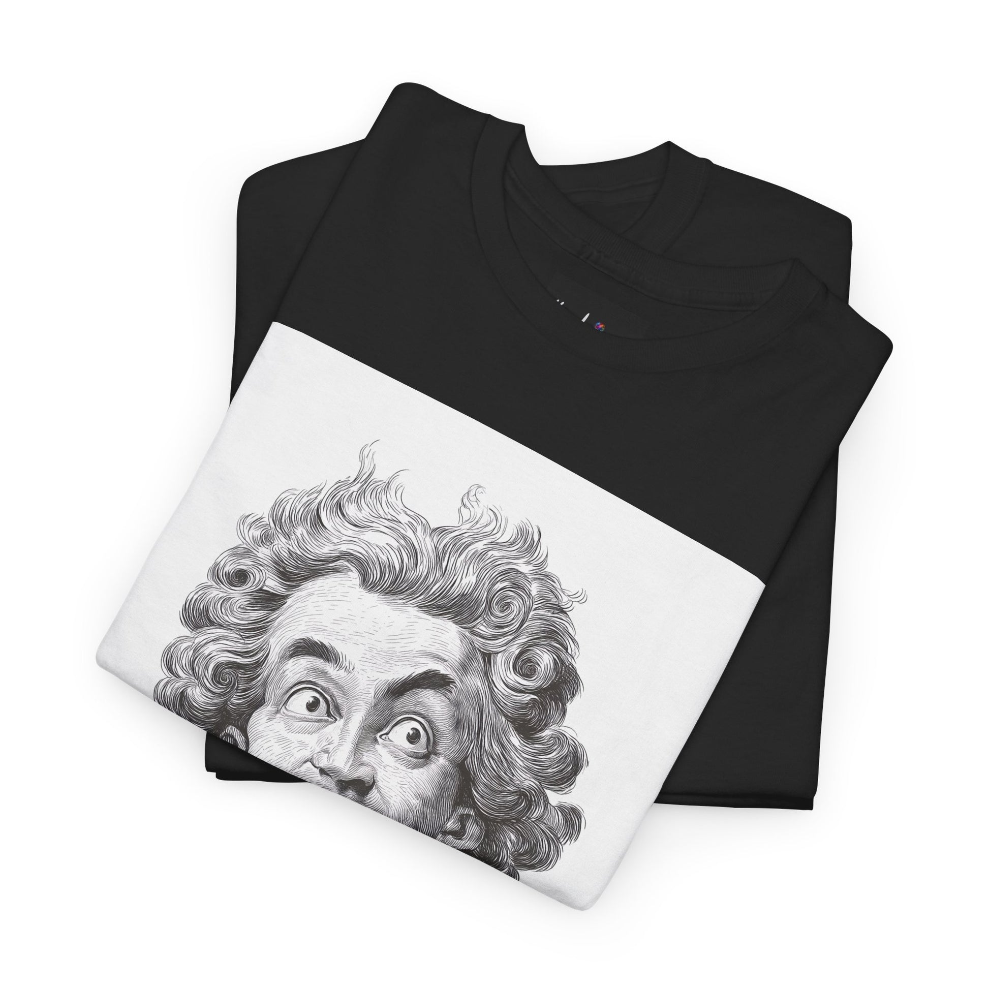 Black t-shirt with a graphic of a face on a white background