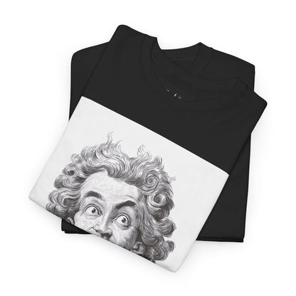 Black t-shirt with a graphic of a face on a white background