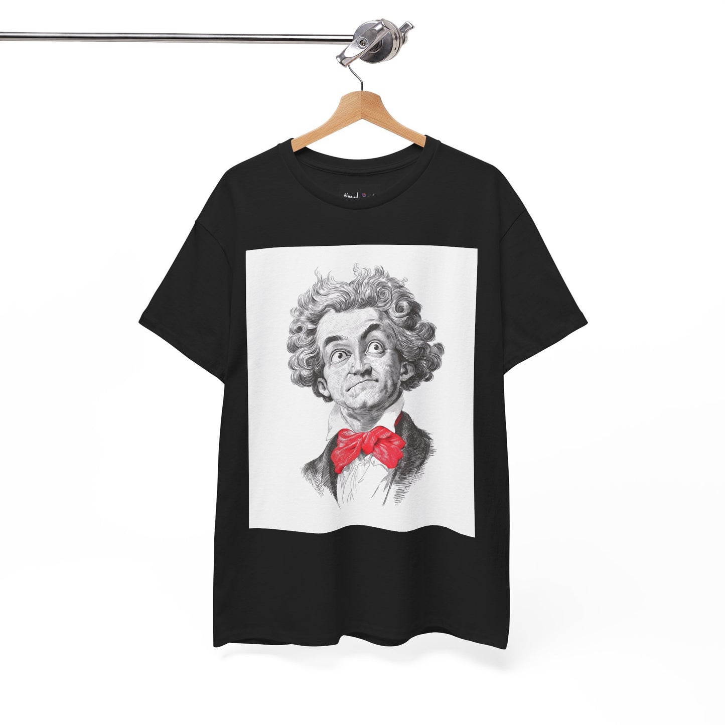 Black t-shirt with a graphic of a person wearing a red bow tie on a hanger against a white background