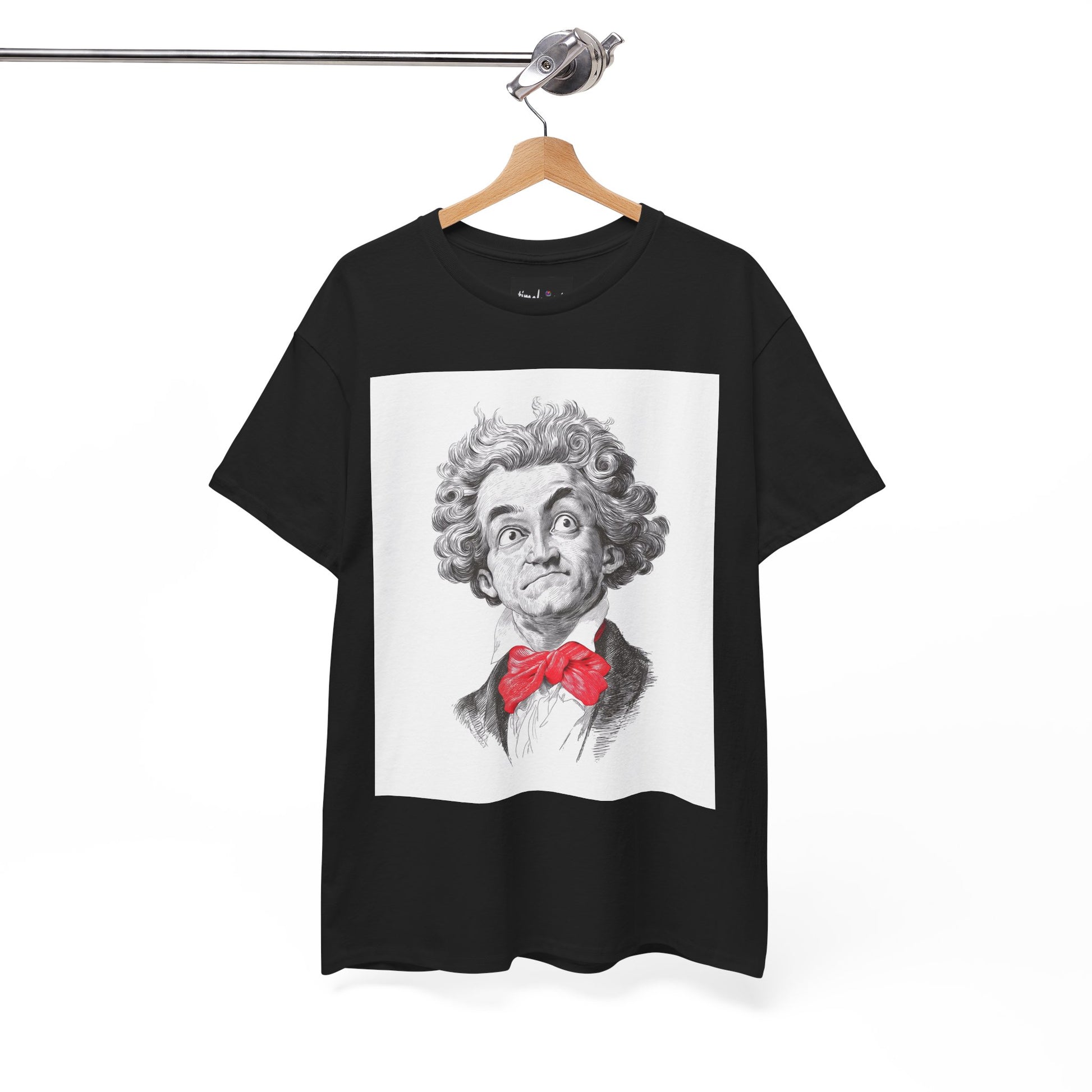 Black t-shirt with a graphic of a person wearing a red bow tie on a hanger against a white background