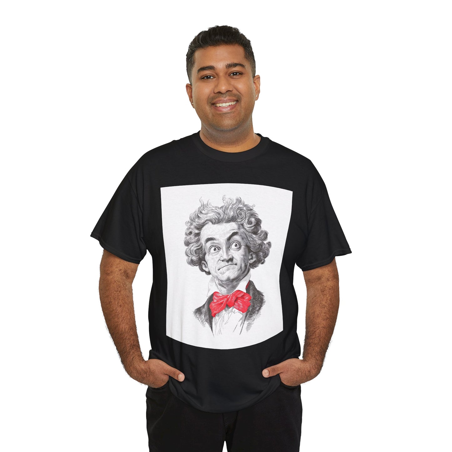 Man wearing a black t-shirt with a graphic of a person with a red bow tie on a white background