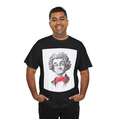 Man wearing a black t-shirt with a graphic of a person with a red bow tie on a white background