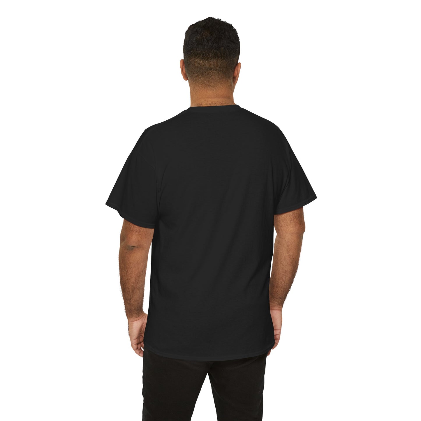 Person wearing a black t-shirt on a white background