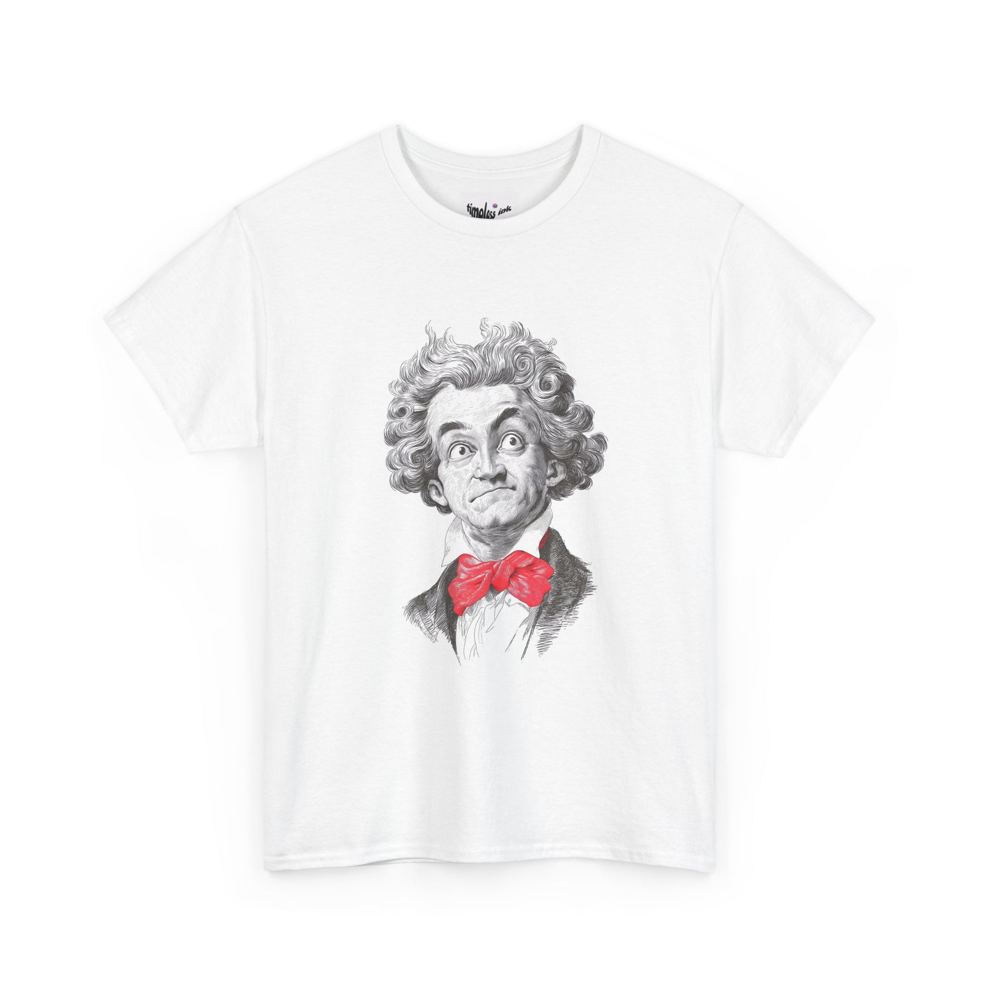 White t-shirt with a graphic of a person with a red bow tie on a white background