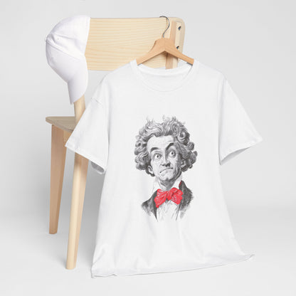 White t-shirt with a graphic design of a person wearing a red bow tie on a wooden chair.