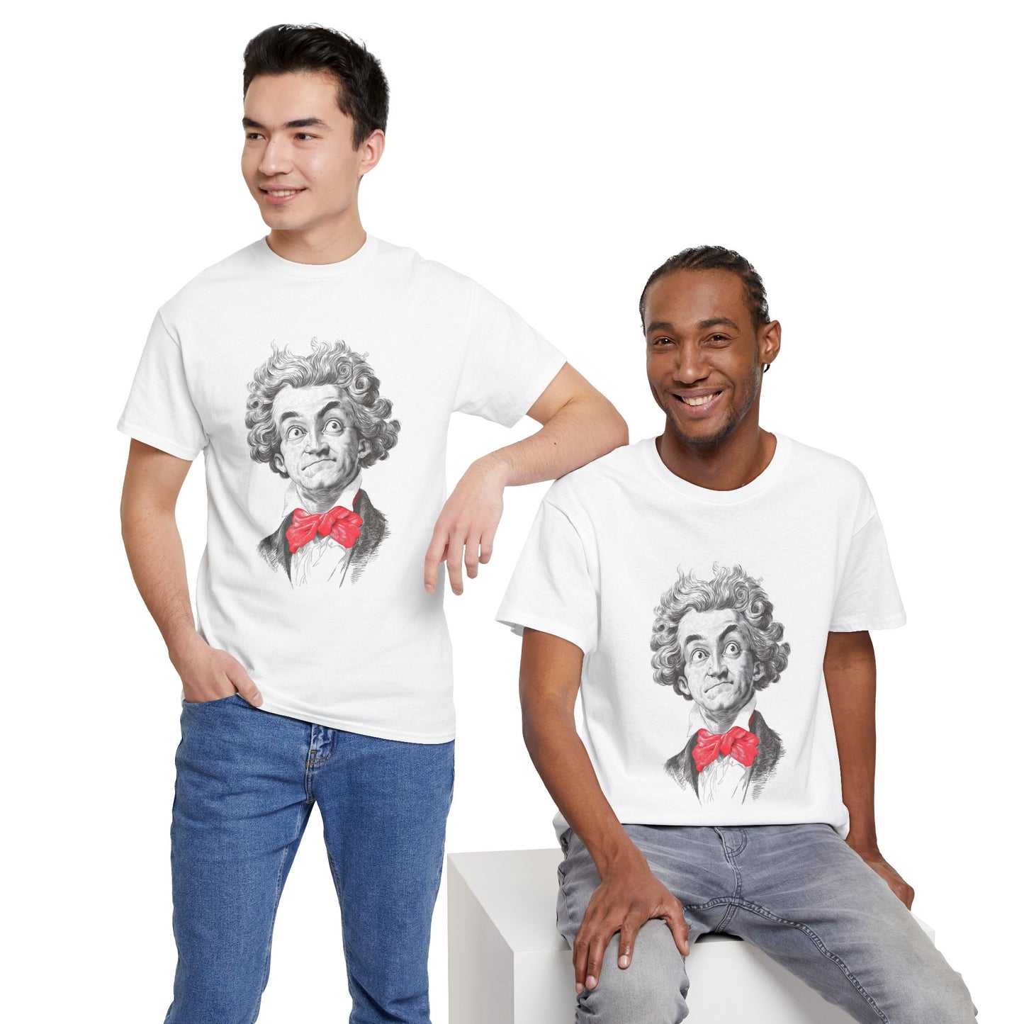 Two men wearing white t-shirts with a graphic of a character with a red bow tie on a white background.