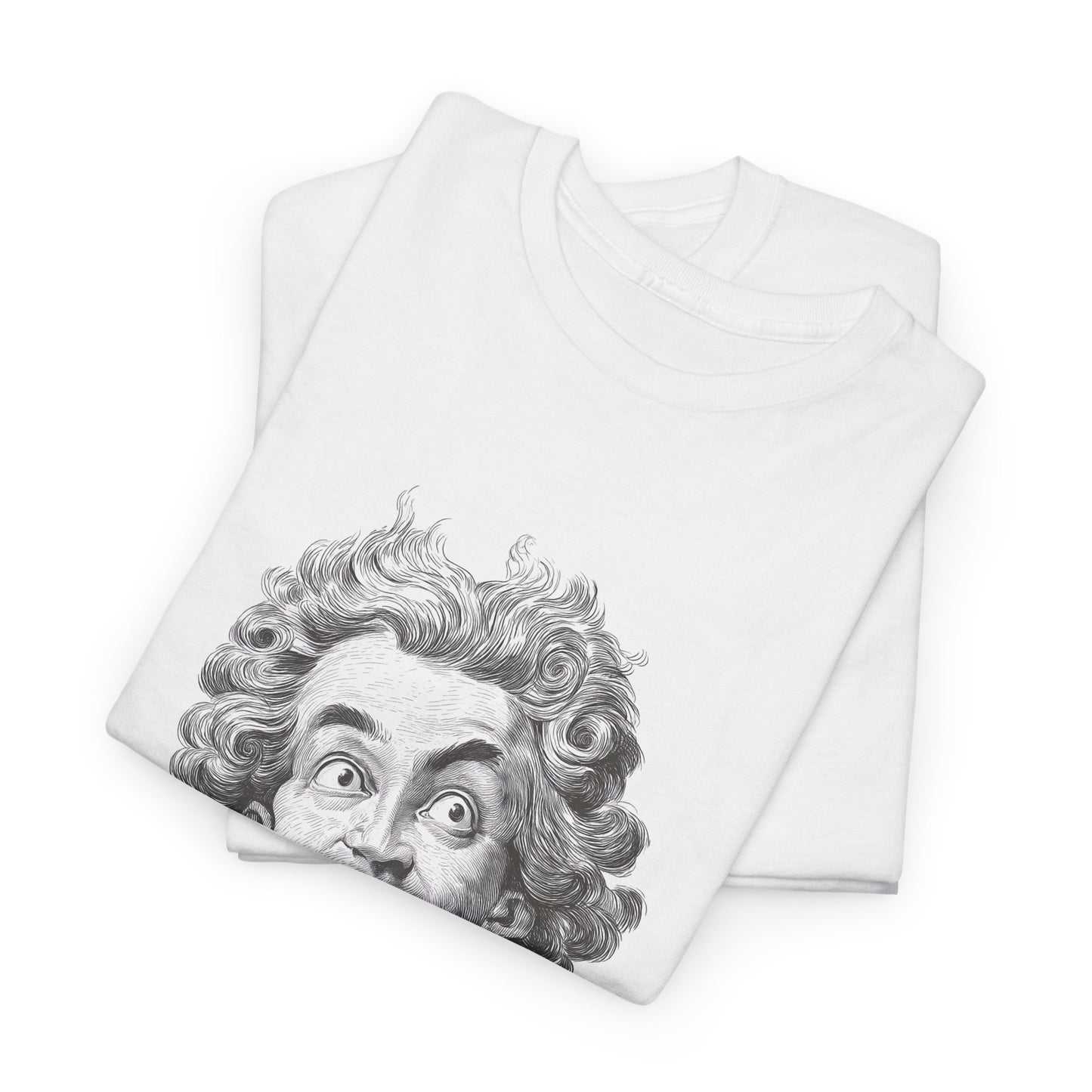 White t-shirt with a graphic of a face on a white background