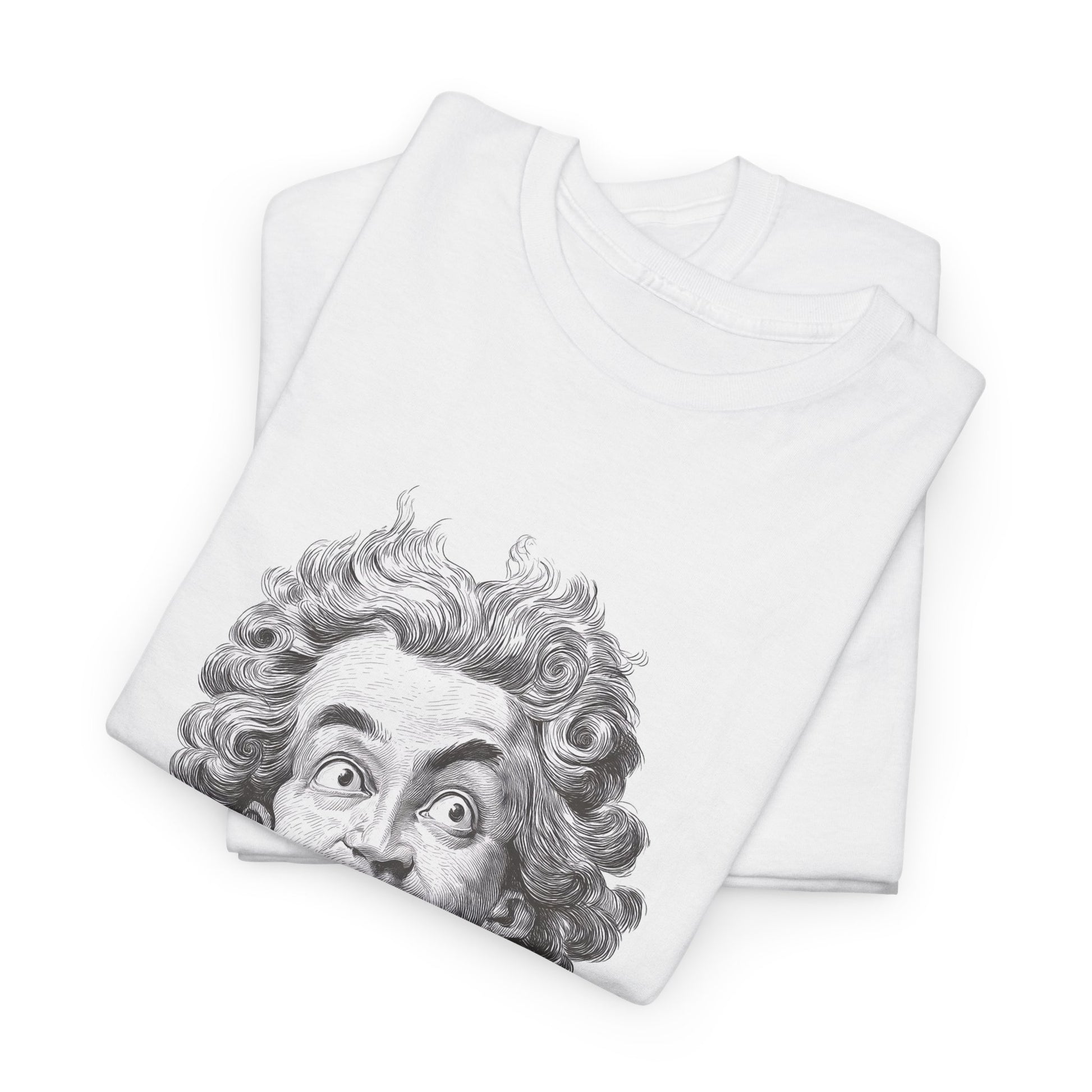 White t-shirt with a graphic of a face on a white background