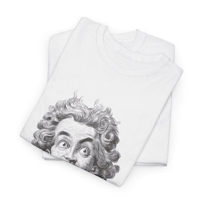 White t-shirt with a graphic of a face on a white background