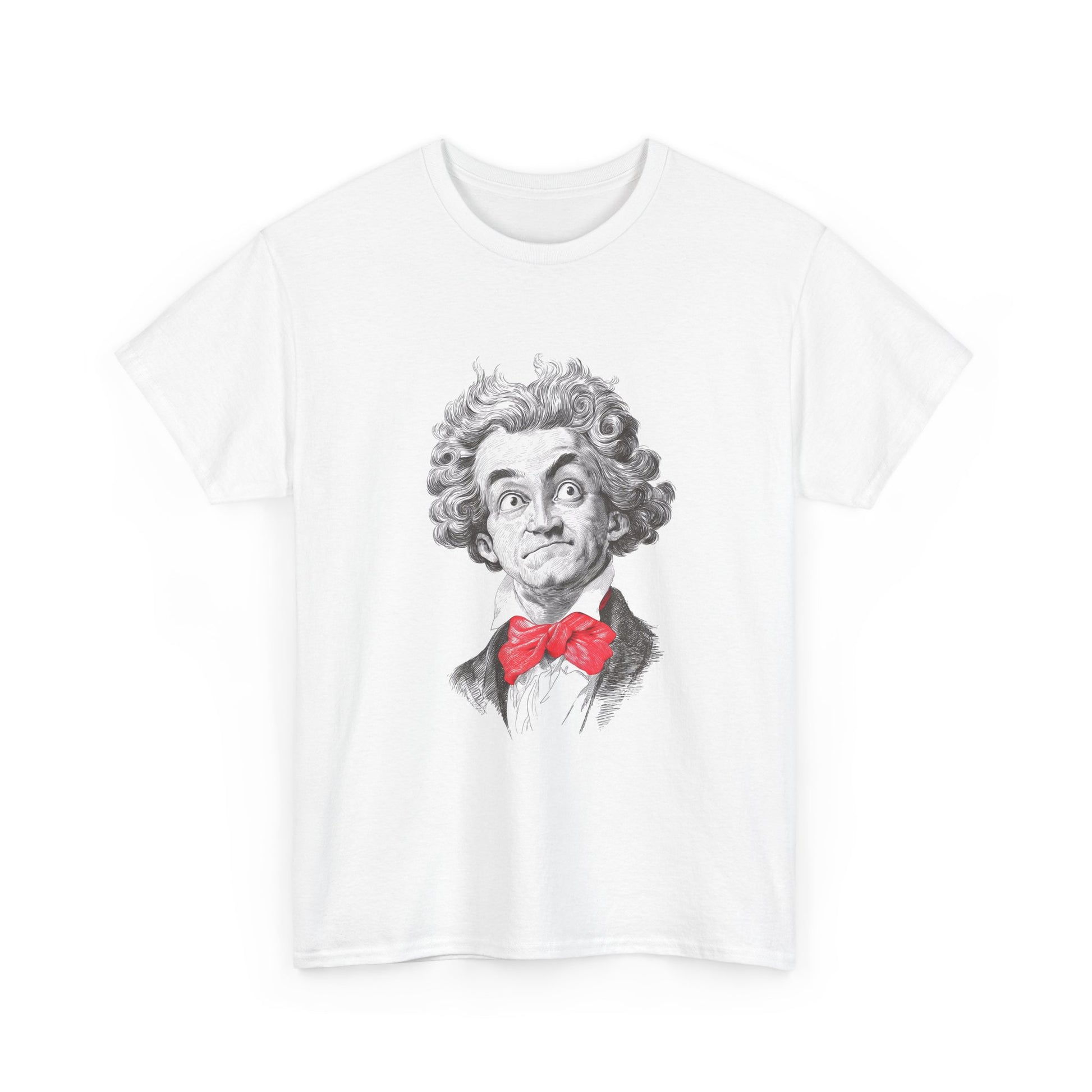 White t-shirt with a graphic of a person with a red bow tie on a white background