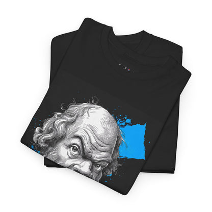 Black t-shirt with a graphic of a stylized face on a white background