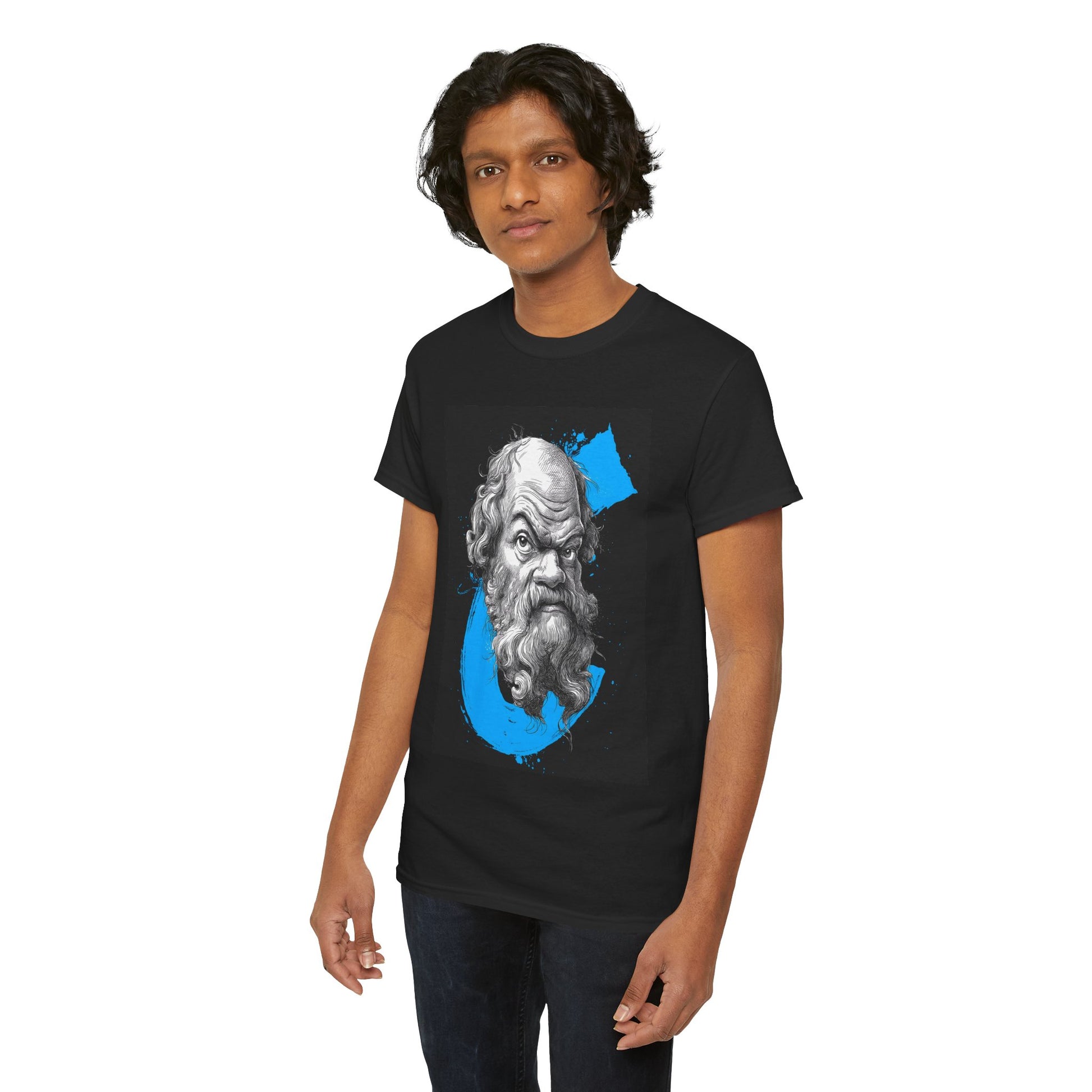 Person wearing a black t-shirt with a graphic design on a white background