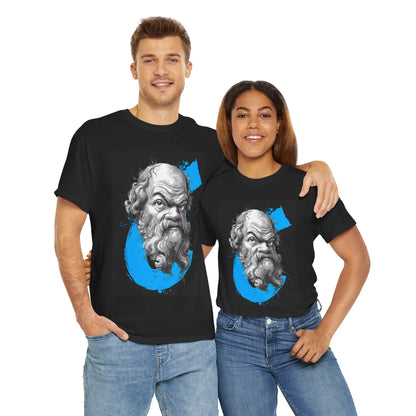 Two people wearing black t-shirts with a graphic design of a bearded figure and blue circle.