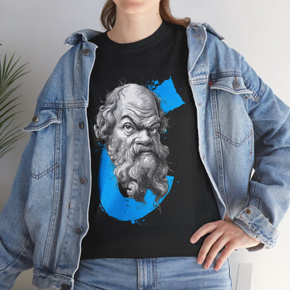 Person wearing a black t-shirt with a graphic design of a bearded figure and blue circle, paired with a denim jacket.