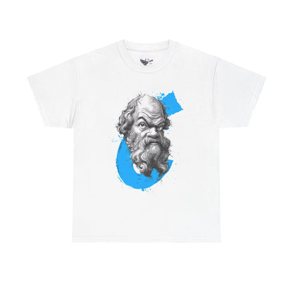 White t-shirt with a graphic design of a bearded figure and blue curved shape on a white background