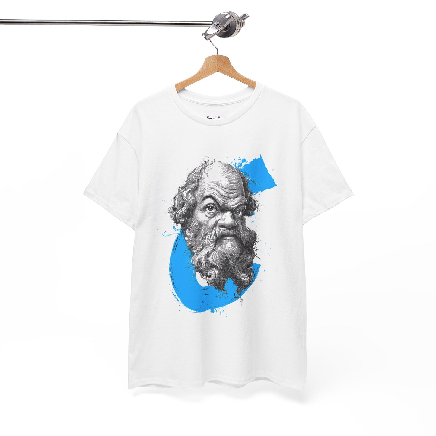 White t-shirt with a graphic of a bearded man's face on a hanger against a white background