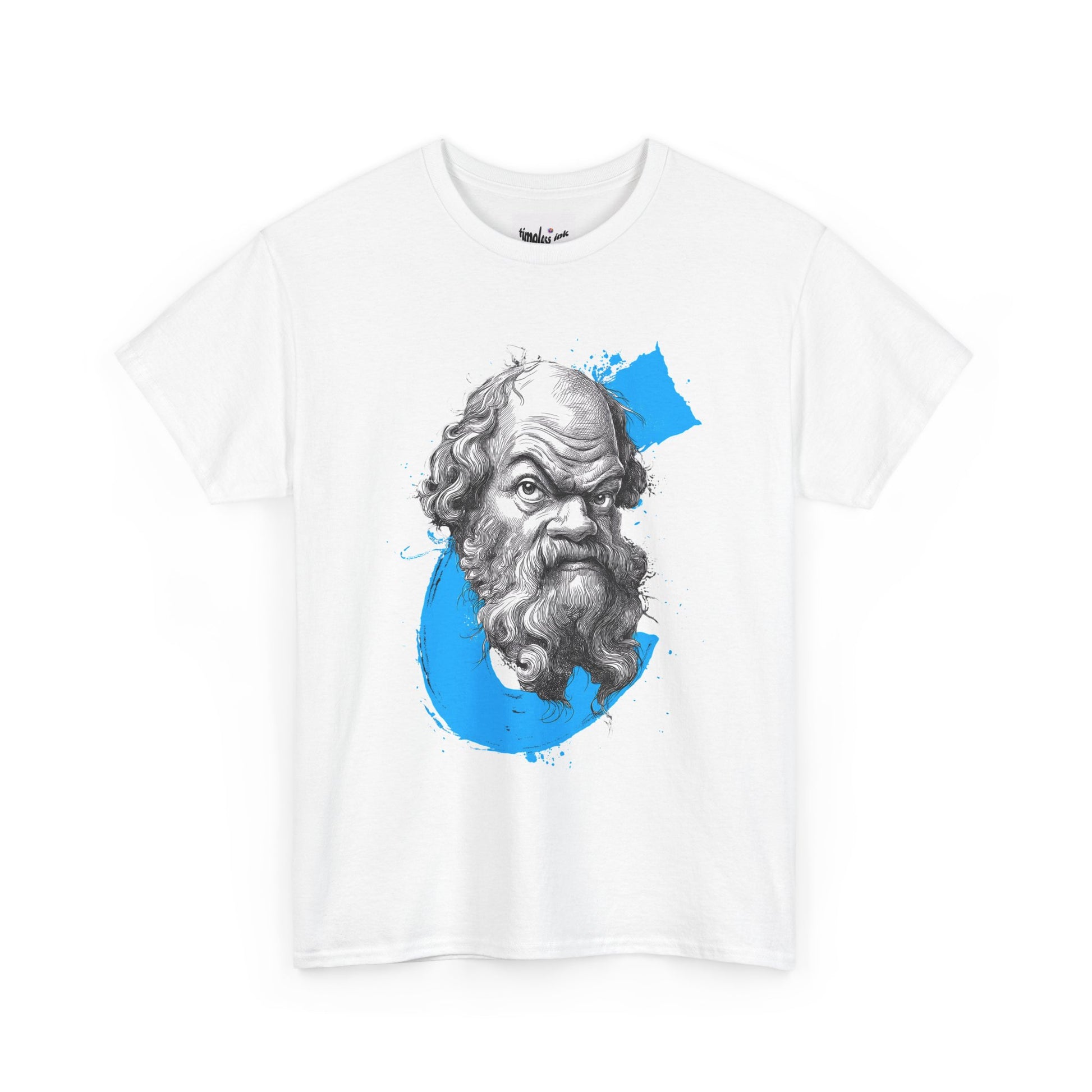 White t-shirt with a graphic of a bearded man's face on a blue circle, on a white background.
