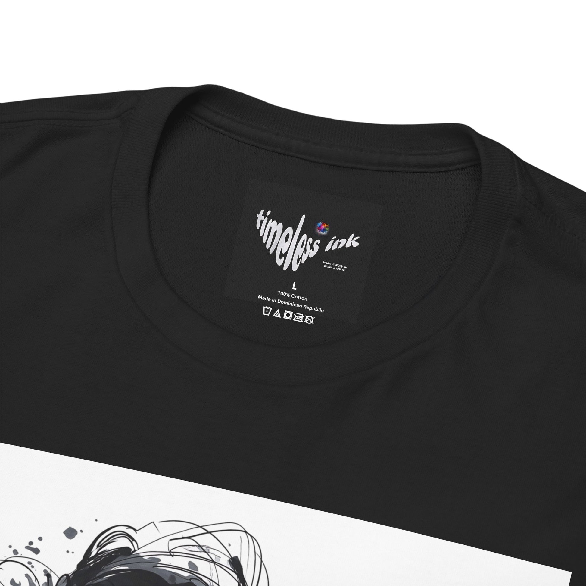 Black t-shirt with 'timeless ink' label on a white background