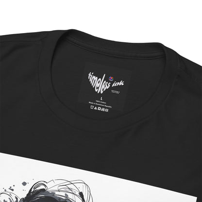 Black t-shirt with 'timeless ink' label on a white background