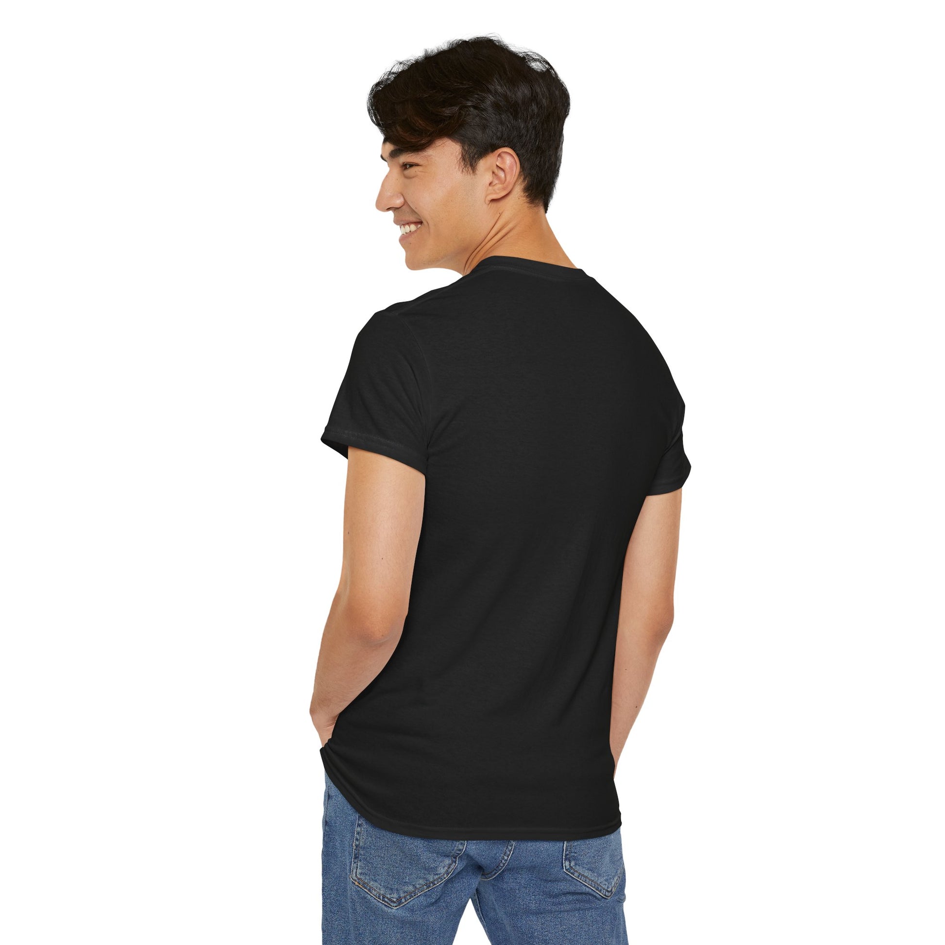 Man wearing a black t-shirt and blue jeans on a white background