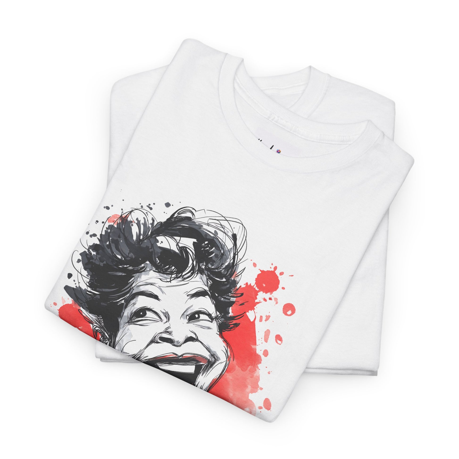 White t-shirt with a graphic design of a face on a white background