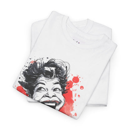 White t-shirt with a graphic design of a face on a white background