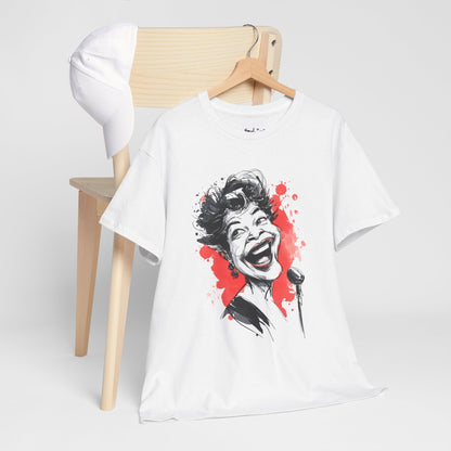 White t-shirt with a graphic design of a laughing woman on a wooden chair against a white background