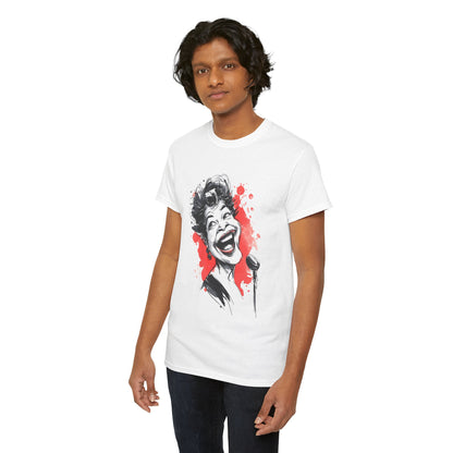 Person wearing a white t-shirt with a graphic design on a white background
