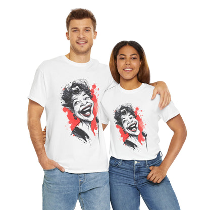 Two people wearing white t-shirts with a graphic design on a white background