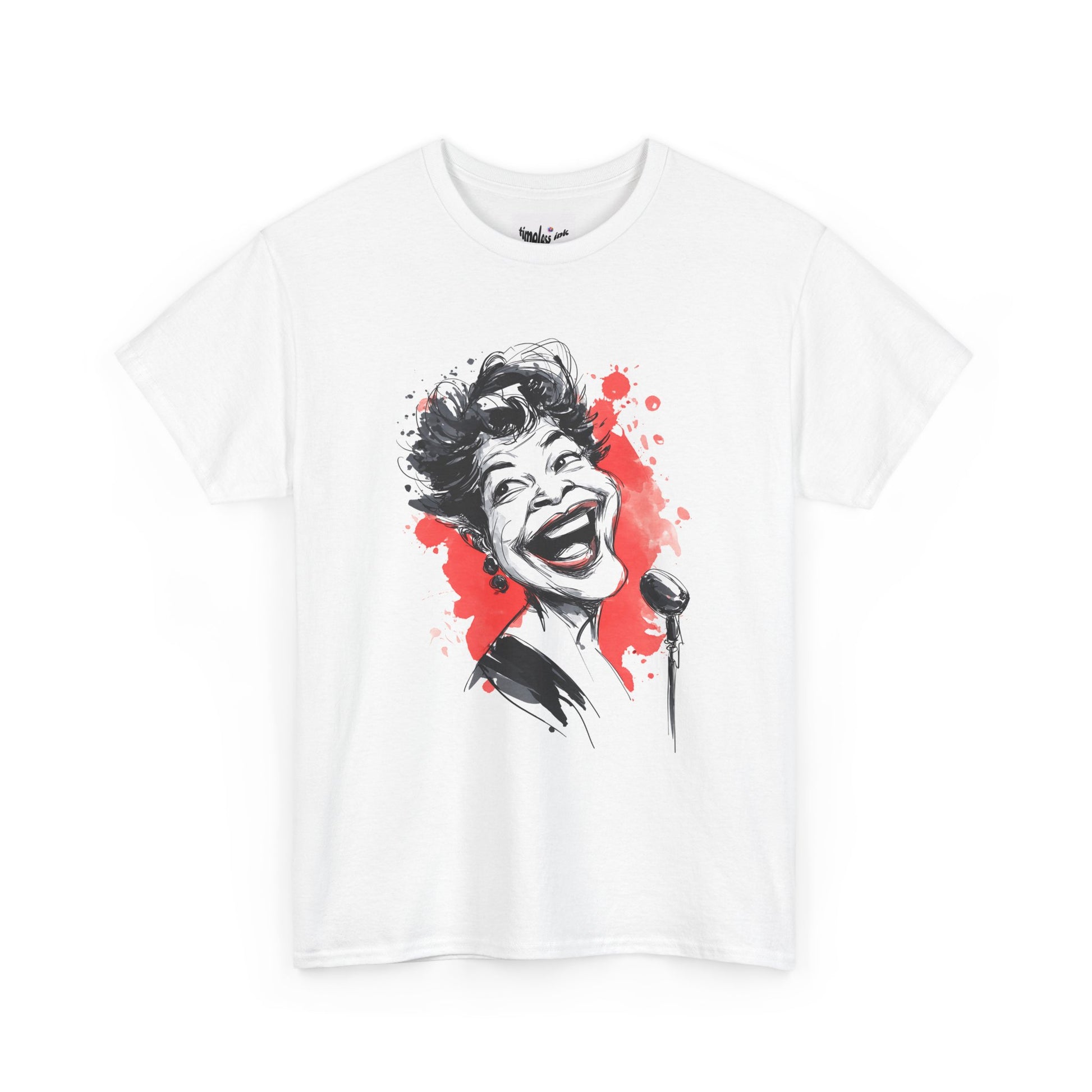 White t-shirt with a graphic of a woman singing and red splashes on a white background