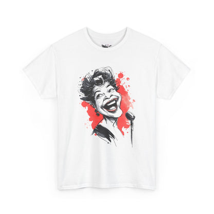 White t-shirt with a graphic of a woman singing and red splashes on a white background