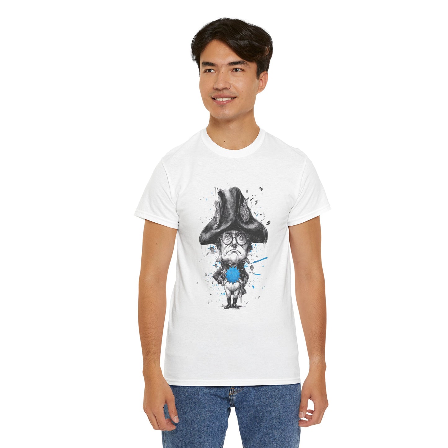 Person wearing a white t-shirt with a graphic design on a white background