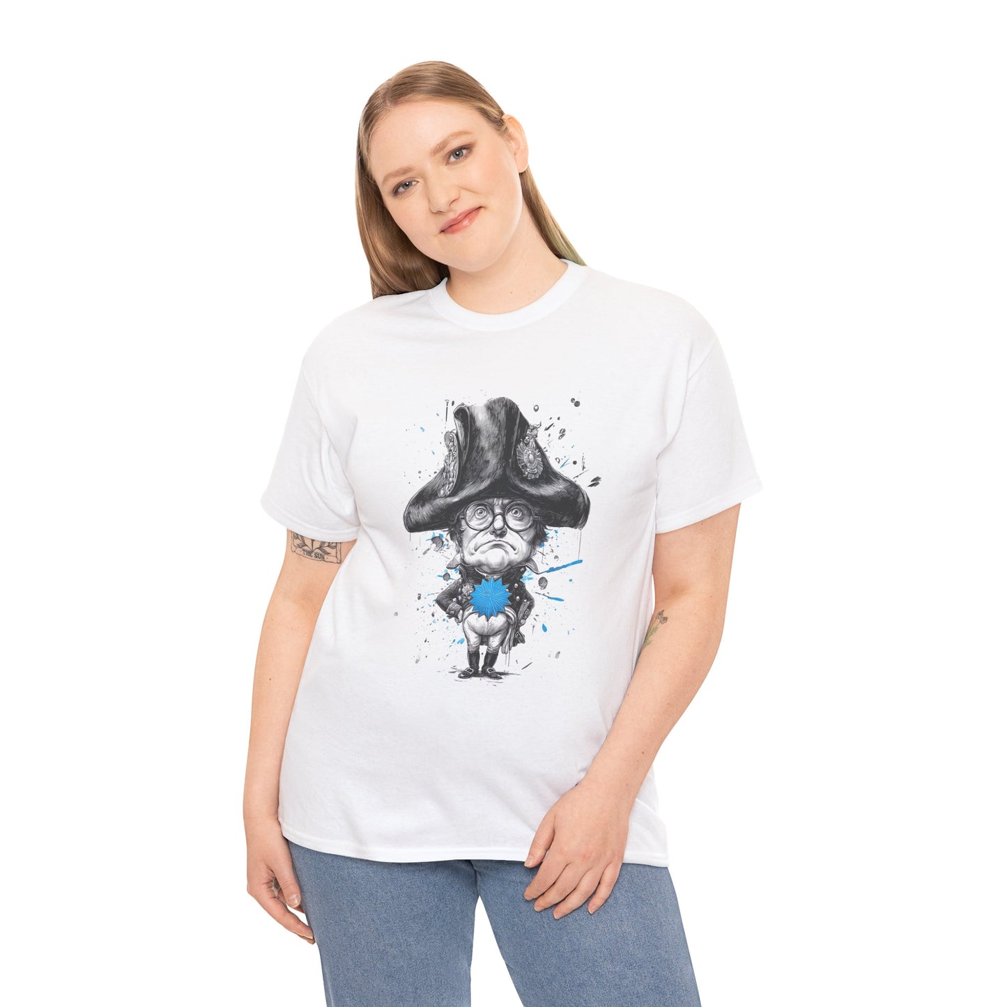 Person wearing a white t-shirt with a graphic design on a white background
